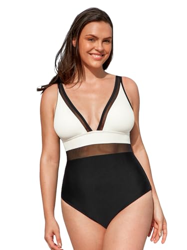 CUPSHE Damen Große Größen Badeanzug Tiefer V Ausschnitt Sheer Mesh Bauchkontrolle Einteilige Curvy Bademode Plus Size Swimsuit Schwarz/Weiß/Farbblock 00X=M von CUPSHE