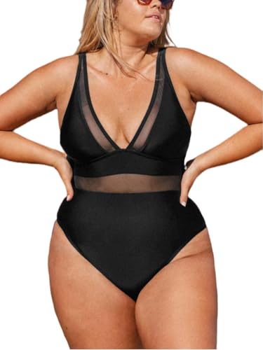 CUPSHE Damen Große Größen Badeanzug Tiefer V Ausschnitt Sheer Mesh Einteilige Plus Size Bademode Swimsuit Schwarz XXXL von CUPSHE