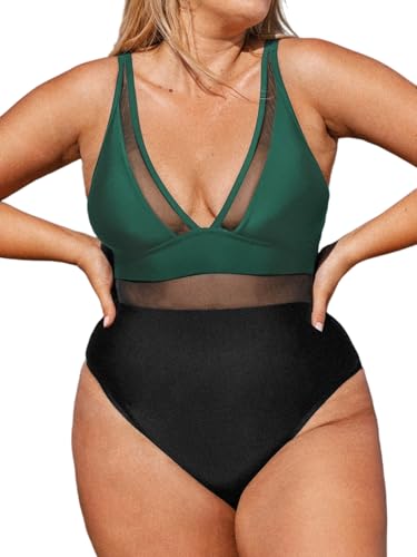 CUPSHE Damen Große Größen Badeanzug Tiefer V Ausschnitt Sheer Netzstoff Bauchkontrolle Einteilige Curvy Bademode Plus Size Swimsuit Schwarz/Grün 3X=XXXL von CUPSHE