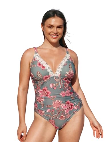 CUPSHE Damen Große Größen Badeanzug Tiefer V Ausschnitt Spitze Bauch Kaschieren Raffung Einteilige Plus Size Bademode Swimsuit Graublaue Blumen 1X=XL von CUPSHE