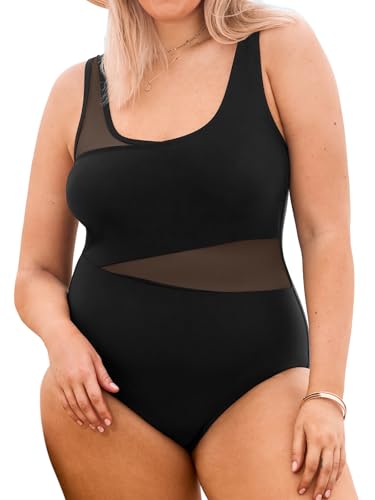 CUPSHE Damen Große Größen Badeanzug U Ausschnitt Bauchweg Asymmetrisch Netzstoff Cutouts Einteilige Plus Size Bademode Swimsuit Schwarz 1X=XL von CUPSHE