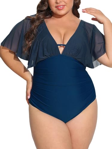 CUPSHE Damen Große Größen Badeanzug V Ausschnitt Elegant Flatterärmel Bauchweg Raffung Einteilige Curvy Bademode Plus Size Swimsuit XXXXL von CUPSHE