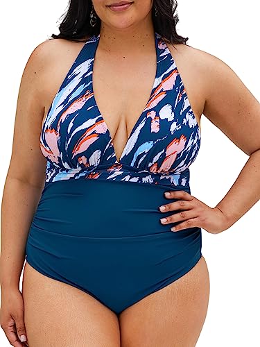 CUPSHE Damen Große Größen Badeanzug V Ausschnitt Neckholder Bauch Kaschieren Raffung Einteilige Curvy Bademode Plus Size Swimsuit Marineblau L von CUPSHE