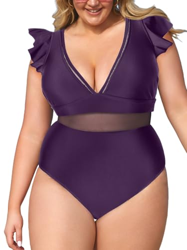 CUPSHE Damen Große Größen Badeanzug V Ausschnitt Netzstoff Volantsärmel Figurformend Einteilige Curvy Bademode Plus Size Swimsuit Himbeerwein 2X=XXL von CUPSHE