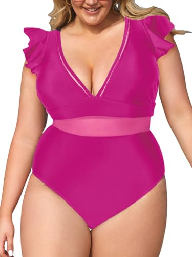 CUPSHE Damen Große Größen Badeanzug V Ausschnitt Netzstoff Volantsärmel Figurformend Einteilige Curvy Bademode Plus Size Swimsuit Rosa 2X=XXL von CUPSHE