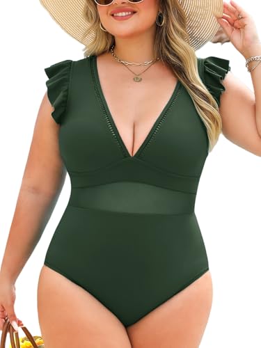 CUPSHE Damen Große Größen Badeanzug V Ausschnitt Netzstoff Volantsärmel Figurformend Einteilige Curvy Bademode Plus Size Swimsuit Waldgrün 3X=XXXL von CUPSHE