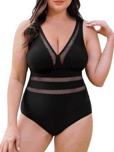 CUPSHE Damen Große Größen Badeanzug V Ausschnitt Sheer Mesh Zierausschnitte Bauchkontrolle Einteilige Curvy Bademode Plus Size Swimsuit Schwarz 0X=L von CUPSHE