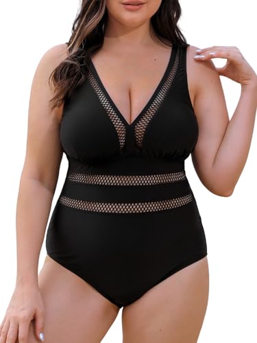 CUPSHE Damen Große Größen Badeanzug V Ausschnitt Netzstoff Zierausschnitte Bauchkontrolle Einteilige Curvy Bademode Plus Size Swimsuit Schwarz 1X=XL von CUPSHE