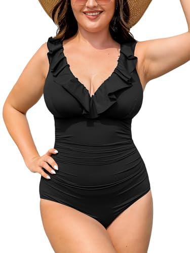 CUPSHE Damen Große Größen Badeanzug V Ausschnitt Volant Bauch Kaschieren Einteilige Bademode Curvy Plus Size Swimsuit Schwarz 0X=L von CUPSHE