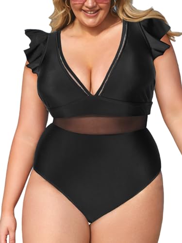 CUPSHE Damen Große Größen Badeanzug V Ausschnitt Volantsärmel Mesh Sheer Einteilige Plus Size Bademode Swimsuit Schwarz XXL CUPSHE Damen Große Größen Badeanzug V Ausschnitt Volantsärmel Mesh Sheer Einteilige Plus Size Bademode Swimsuit Schwarz XXL von CUPSHE