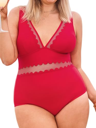 CUPSHE Damen Große Größen Badeanzug V Ausschnitt Wellenkante Sheer Netzstoff Figurformend Einteilige Curvy Bademode Plus Size Rot 1X=XL von CUPSHE