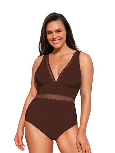 CUPSHE Damen Große Größen Badeanzug V Ausschnitt Wellenkante Sheer Netzstoff Figurformend Einteilige Curvy Bademode Plus Size Swimsuit Kaffeebraun 00X=M von CUPSHE