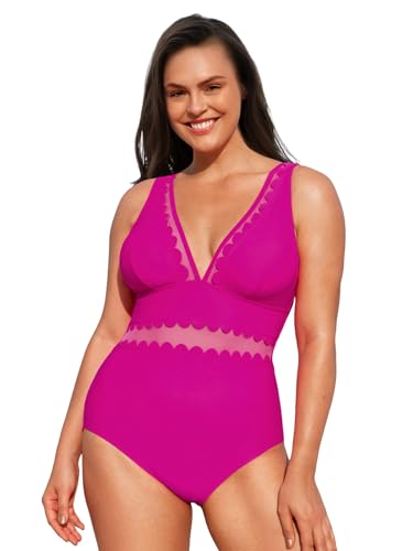 CUPSHE Damen Große Größen Badeanzug V Ausschnitt Wellenkante Sheer Netzstoff Figurformend Einteilige Curvy Bademode Plus Size Swimsuit Magenta 1X=XL von CUPSHE