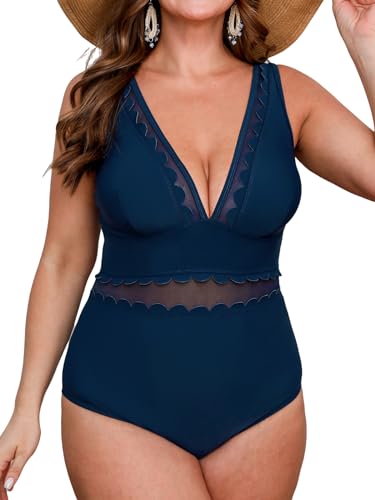 CUPSHE Damen Große Größen Badeanzug V Ausschnitt Wellenkante Sheer Netzstoff Figurformend Einteilige Curvy Bademode Plus Size Swimsuit Mitternachtsblau 2X=XXL von CUPSHE
