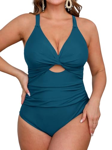 CUPSHE Damen Große Größen Badeanzug V Ausschnitt Wickeloptik Cutouts Raffung Bauchweg Einteilige Curvy Bademode Plus Size Swimsuit Dunkelblaugrün 2X=XXL von CUPSHE