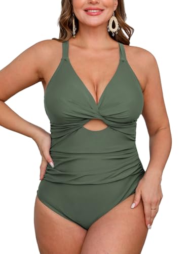 CUPSHE Damen Große Größen Badeanzug V Ausschnitt Wickeloptik Cutouts Raffung Bauchweg Einteilige Curvy Bademode Plus Size Swimsuit Eukalyptusgrün 00X=M von CUPSHE