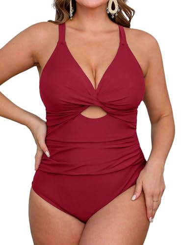 CUPSHE Damen Große Größen Badeanzug V Ausschnitt Wickeloptik Cutouts Raffung Bauchweg Einteilige Curvy Bademode Plus Size Swimsuit Rot 1X=XL von CUPSHE