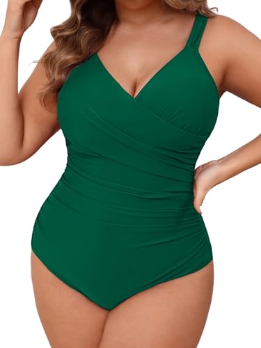CUPSHE Damen Große Größen Badeanzug V Ausschnitt Wickeloptik Raffung Bauchweg Einteilige Curvy Bademode Plus Size Swimsuit Forestgrün 2XL von CUPSHE