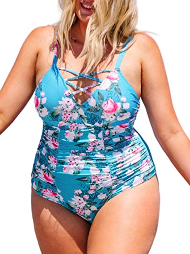 CUPSHE Damen Große Größen Badeanzug V Ausschnitt Zierband Blumenmuster Slim Einteiler Plus Size Bademode Swimsuit Blau L von CUPSHE