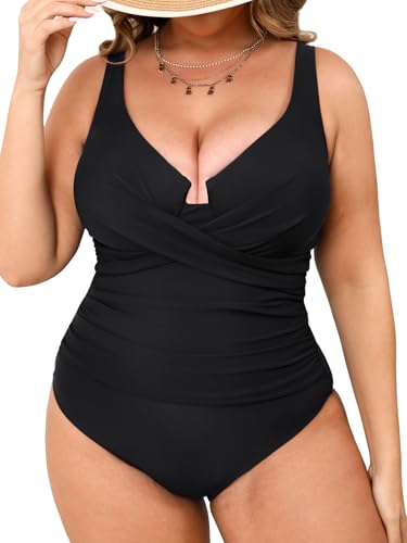 CUPSHE Damen Große Größen Badeanzug Wickeloptik Crossover Bügel Push Up Breite Träger Bauchweg Raffung Einteilige Bademode Swimsuit Schwarz 1X=XL von CUPSHE