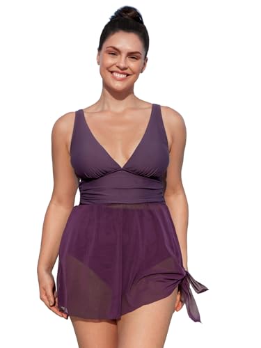CUPSHE Damen Große Größen Badeanzugkleid V Ausschnitt Bauchweg Knotensaum Netzstoff Elegant Zweiteiliger Badekleid Plus Size Swimsuit Grape Purple 0X=L von CUPSHE
