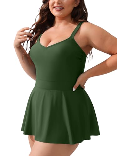 CUPSHE Damen Große Größen Badeanzugkleid V Ausschnitt Breite Träger Bauchweg Rocksaum Zweiteiliger Badekleid Plus Size Swimsuit Dunkelgrün 3XL von CUPSHE