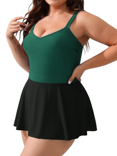 CUPSHE Damen Große Größen Badeanzugkleid V Ausschnitt Breite Träger Bauchweg Rocksaum Zweiteiliger Badekleid Plus Size Swimsuit Schwarz/Grün 00X=M von CUPSHE