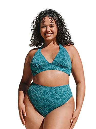 CUPSHE Damen Große Größen Bikini Set Neckholder High Waist Blumenmuster Texturierter Zweiteiliger Bikini Plus Size Bademode Swimsuit Grün L von CUPSHE