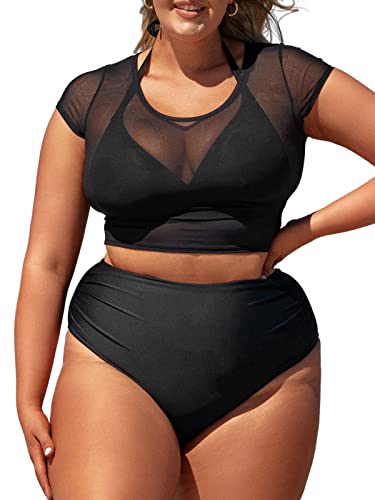 CUPSHE Damen Große Größen Bikini Set Sheer Mesh High Waist Bauchweg Dreiteiliger Bikini Plus Size Curvy Bademode Swimsuit Schwarz 0X=L von CUPSHE