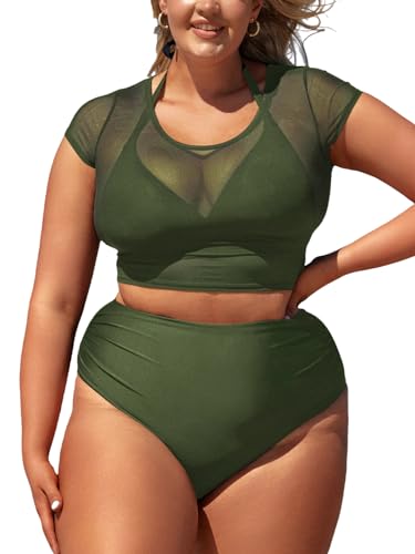 CUPSHE Damen Große Größen Bikini Set Sheer Netzstoff High Waist Bauchweg Dreiteiliger Bikini Plus Size Curvy Bademode Swimsuit Grün 2X=XXL von CUPSHE