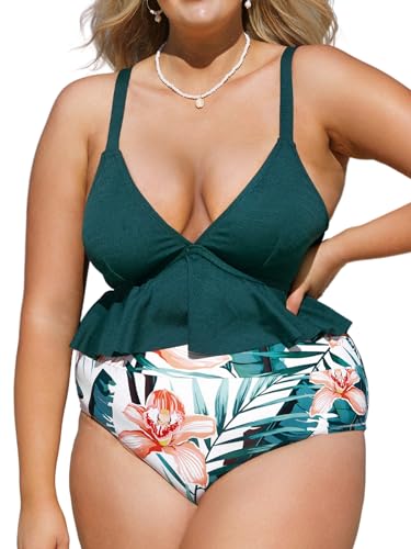 CUPSHE Damen Große Größen Bikini Set V Ausschnitt High Waist Bauchweg Zweiteiliger Bikini Crossback Rüschensaum Plus Size Bademode Swimsuit Blaugrün 2X=XXL von CUPSHE