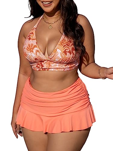 CUPSHE Damen Große Größen Bikini Set V Ausschnitt High Waist Bauchweg Baderock mit Innenslip Zweiteiliger Bikini Plus Size Curvy Bademode Swimsuit Süße Orange 0X=L von CUPSHE