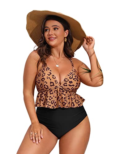 CUPSHE Damen Große Größen Bikini Set V Ausschnitt High Waist Leopard Zweiteiliger Bikini Rüschensaum Bauchweg Plus Size Bademode Swimsuit Schwarz/Leopard 00X=M von CUPSHE