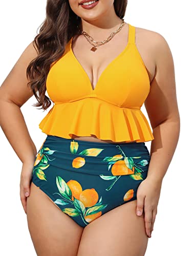 CUPSHE Damen Große Größen Bikini Set V Ausschnitt High Waist Zweiteiliger Bikini Rüschensaum Bauchweg Obstmuster Plus Size Bademode Swimsuit Zitronengelb 2X=XXL von CUPSHE