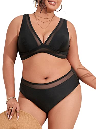 CUPSHE Damen Große Größen Bikini Set V Ausschnitt Sheer Mesh Tank Zweiteiliger Bikini Breite Träger Mid Waist Plus Size Bademode Swimsuit Schwarz L von CUPSHE