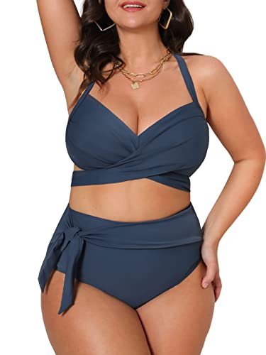 CUPSHE Damen Große Größen Bikini Set V Ausschnitt Wickeloptik High Waist Bauchweg Knoten Zweiteiliger Bikini Plus Size Curvy Bademode Swimsuit Dunkelblau 1X=XL von CUPSHE