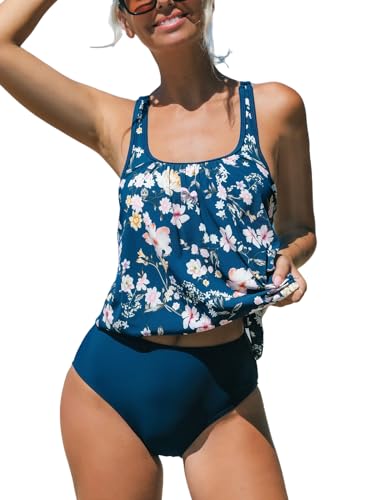 CUPSHE Damen Große Größen Tankini Set U Ausschnitt Verstellbare Träger Tankini Gerüschte Krawatte Mid Waist Zweiteiliger Badeanzug Plus Size Curvy Bademode Swimsuit Marineblau/Floral XXXL von CUPSHE