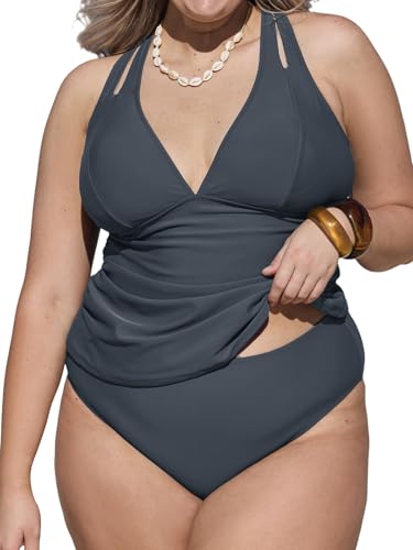 CUPSHE Damen Große Größen Tankini Set V Ausschnitt Bauchweg Raffung Cut-Out-Träger Lace Up Mid Waist Zweiteiliger Badeanzug Plus Size Curvy Bademode Swimsuit Grau XXL CUPSHE Damen Große Größen Tankini Set V Ausschnitt Bauchweg Raffung Cut-Out-Träger Lace Up Mid Waist Zweiteiliger Badeanzug Plus Size Curvy Bademode Swimsuit Grau XXL von CUPSHE