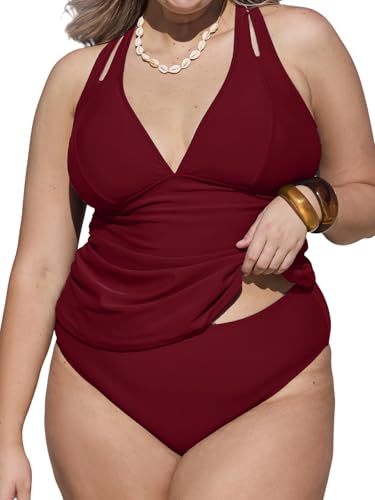 CUPSHE Damen Große Größen Tankini Set V Ausschnitt Bauchweg Raffung Cut-Out-Träger Lace Up Mid Waist Zweiteiliger Badeanzug Plus Size Curvy Bademode Swimsuit Rot XXL CUPSHE Damen Große Größen Tankini Set V Ausschnitt Bauchweg Raffung Cut-Out-Träger Lace Up Mid Waist Zweiteiliger Badeanzug Plus Size Curvy Bademode Swimsuit Rot XXL von CUPSHE