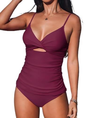 CUPSHE Damen Große Größen Tankini Set V Ausschnitt Crossover Raffung Cutouts Bauchweg Mid Waist Reversible Bikinihose Zweiteiliger Badeanzug Plus Size Curvy Bademode Swimsuit Rot/Schwarz XXL von CUPSHE