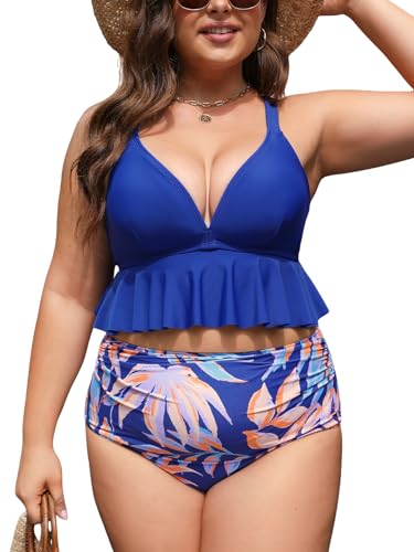 CUPSHE Damen Große Größen Tankini Set V Ausschnitt High Waist Tropical Print Rüschen Bauchweg Zweiteiliger Badeanzug Plus Size Curvy Bademode Swimsuit Königsblau/Tropisch 2X=XXL von CUPSHE