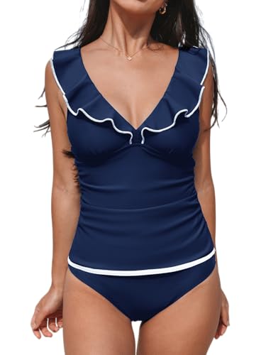 CUPSHE Damen Große Größen Tankini Set V Ausschnitt Volants Bauchweg Raffung Kontrastpaspeln Mid Waist Tankini Zweiteiliger Badeanzug Plus Size Curvy Bademode Swimsuit Blaugrün XXL CUPSHE Damen Große Größen Tankini Set V Ausschnitt Volants Bauchweg Raffung Kontrastpaspeln Mid Waist Tankini Zweiteiliger Badeanzug Plus Size Curvy Bademode Swimsuit Blaugrün XXL von CUPSHE