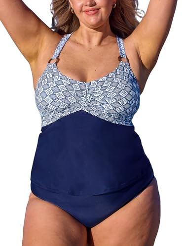 CUPSHE Damen Große Größen Tankini Set V Ausschnitt Wickeloptik Crossover Ringe Mid Waist Bauchweg Zweiteiliger Badeanzug Plus Size Curvy Bademode Swimsuit Marineblau 2X=XXL von CUPSHE