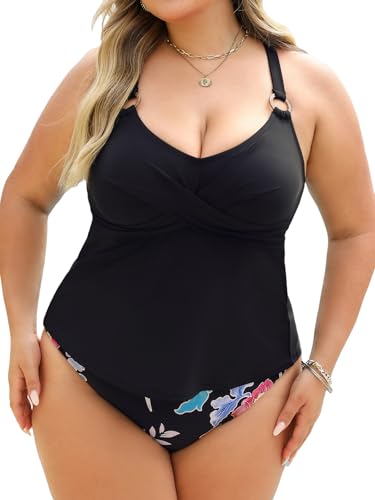 CUPSHE Damen Große Größen Tankini Set V Ausschnitt Wickeloptik Crossover Ringe Mid Waist Bauchweg Zweiteiliger Badeanzug Plus Size Curvy Bademode Swimsuit Schwarz/Blumen 2X=XXL von CUPSHE