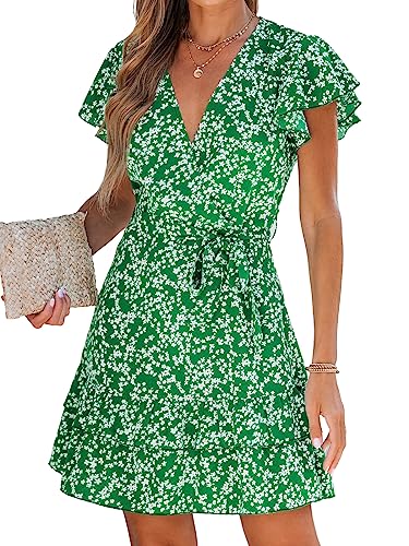 CUPSHE Damen Sommerkleid V Ausschnitt Kurzarm Rüschensaum Blumenmuster A Linie Minikleid Wickelkleid Freizeitkleider Ditsy Floral Dress Grün L von CUPSHE