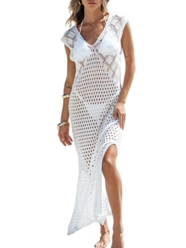 CUPSHE Damen Häkelkleid V-Ausschnitt Maxi Cover Up Kleid ärmellos Spitze Sexy Strand Cover Up Casual Sommer, Weiss/opulenter Garten, Small von CUPSHE