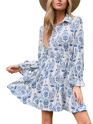 CUPSHE Damen Hemdkleid Paisley Knopfleiste Langarm Freizeitkleider Blusenkleid Rüschen Herbst A-Linie Elegant Mini Dress Blau S von CUPSHE
