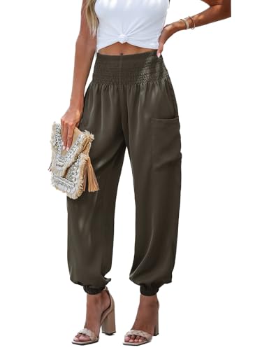 CUPSHE Damen Hose Jogginghose mit Taschen Hoher Bund Geraffte Taille Freizeithose Smocked High Waist Jogger Pants Grün XL von CUPSHE