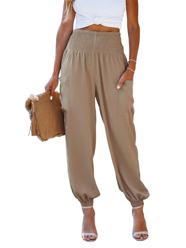 CUPSHE Damen Hose Jogginghose mit Taschen Hoher Bund Geraffte Taille Freizeithose Smocked High Waist Jogger Pants Natural S von CUPSHE