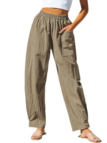 CUPSHE Damen Hose Leinenhose mit Elastischem Bund und Großen Taschen, Bequeme Weite Sommerhose, Khaki, L von CUPSHE